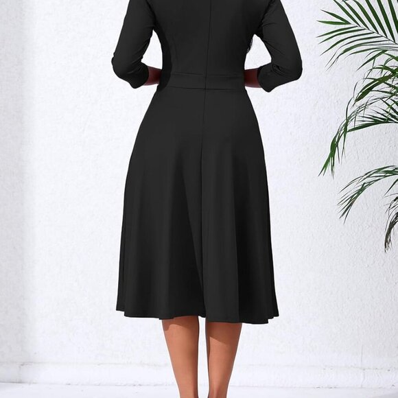 Women's Wrap Midi Dress V-Neck Flared Sleeve Casual Party Wedding Guest - Picture 5 of 6